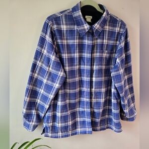 L.L. Bean Fleece-Lined Plaid Flannel Shirt Jacket - Blue/White - Large